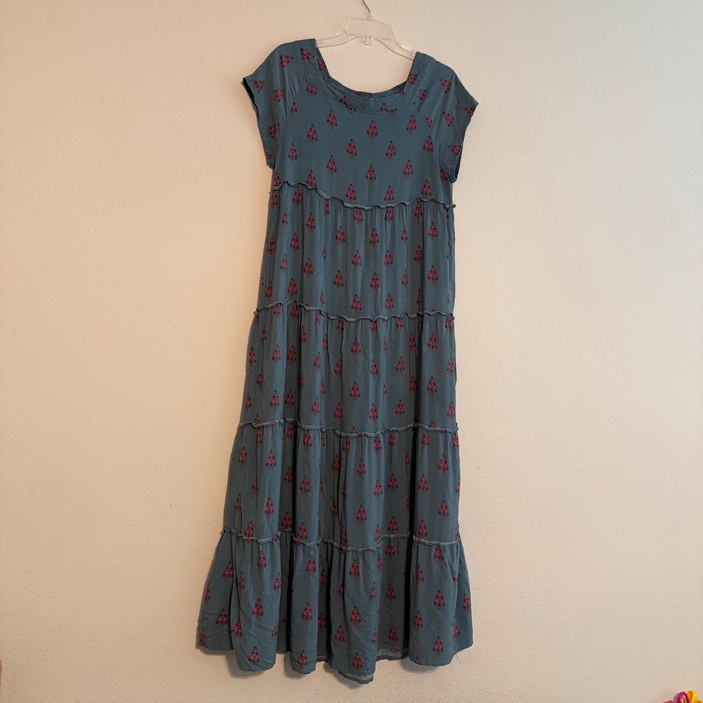 Natural Life Teal Pink Floral Tiered Maxi Dress Boho Rayon Short Sleeve Medium